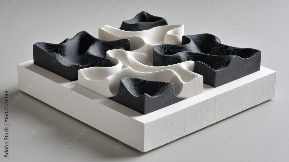 Poster this artwork showcases a black and white linocut of wave patterns, creating a three-dimensional effe