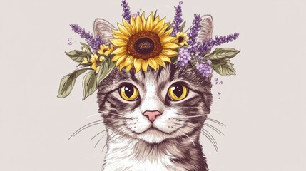 Cute cat face with a wreath of sunflowers and lavender, cartoon illustration generative ai