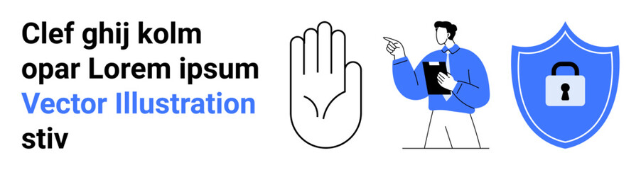 Raised hand gesture alongside a man holding a clipboard and a blue shield with a lock, conveying privacy, trust, and compliance. Ideal for security, data protection, access control, compliance