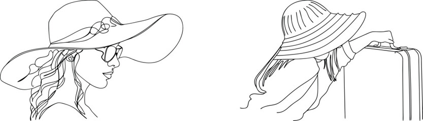 Elegant line art illustrating women in sun hats and sunglasses ready for travel and adventure