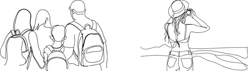 Family hiking trip and tourist photographing landscapes in minimalist one line art