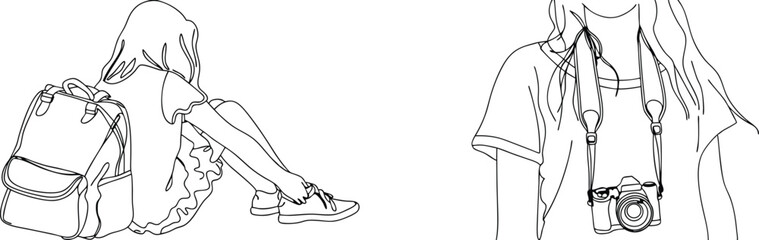 Minimalist line art illustrates a woman with backpack preparing for adventure and photography