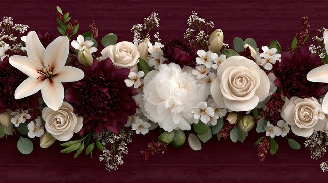 Floral elements create an elegant border with burgundy and cream flowers on a maroon background, ideal for wedding invitations