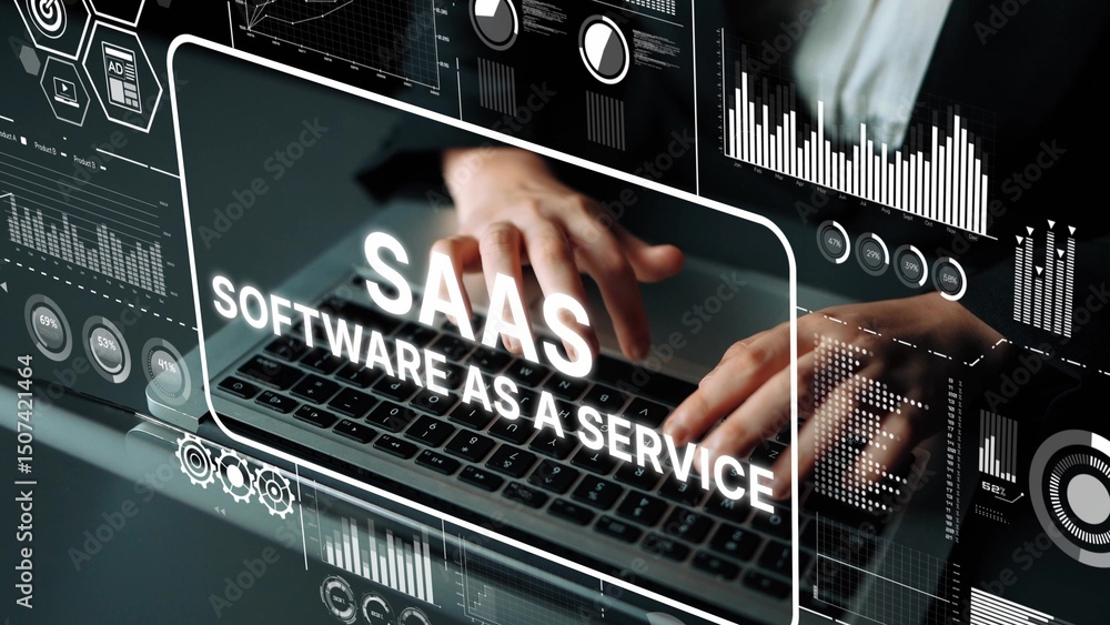 Poster modern hands typing on laptop with data graphs representing saas concept in technology environment. 