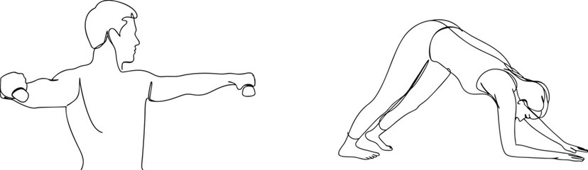 Line drawing of fitness exercises showing yoga downward dog and weight training