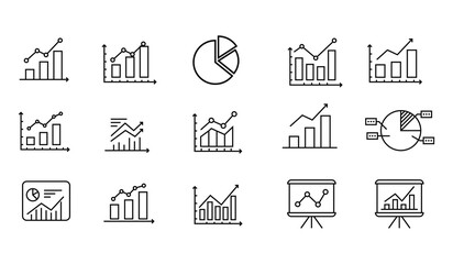 A set of vector icons related to graphs and charts. Set of graph and statistics icons. Collection of simple linear web icons, line charts, candlestick, combined, bar charts, pie charts.