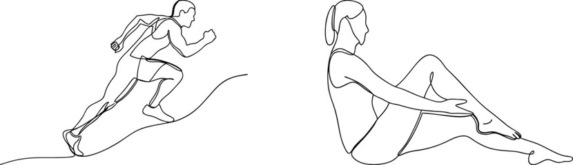 Fototapeta premium Minimalist continuous line drawings of athlete running and woman resting after workout exercise