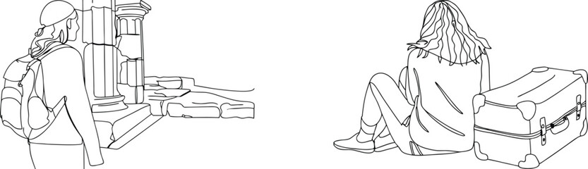 Two travelers explore ancient ruins resting beside a suitcase and awaiting travel