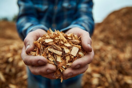 Man holds wood chips in hands at a timber yard during autumn season