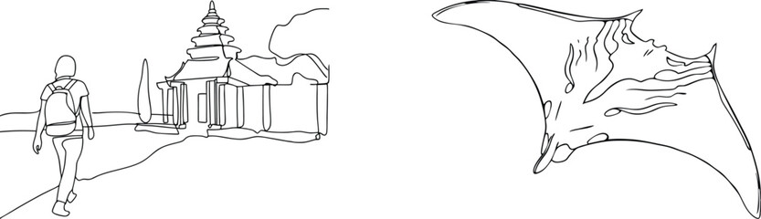 Obraz premium Minimalist continuous line art of a tourist at a temple and a graceful manta ray