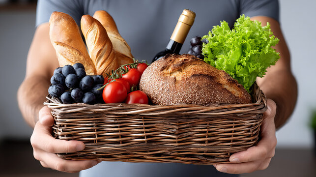 Fresh produce and bread basket held by a person in a kitchen setting during the day