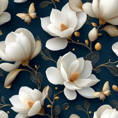 Elegant white magnolia flowers and graceful butterflies on a dark blue background with luxurious gold accents for seamless wallpaper design