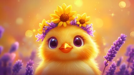 Cute chick face with a sunflower and lavender wreath, cartoon illustration generative ai