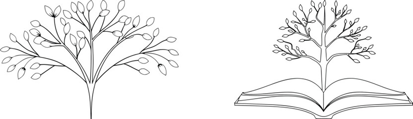 Elegant outline illustrations of trees symbolizing growth knowledge and education concepts