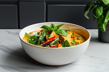 **Vegan Thai Green Curry With Tofu, Eggplant, And Bamboo Shoots Served In Clean White Bowl --Ar 3:2 --V 6.0 --S 250 --P G8Gxrjv** - @Darya (Relaxed)