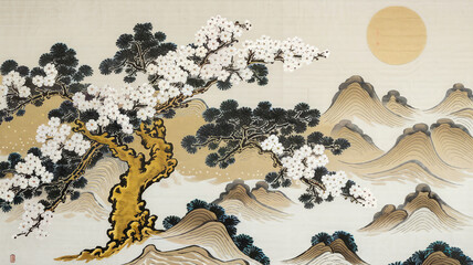 A serene landscape, predominantly in shades of white and gold