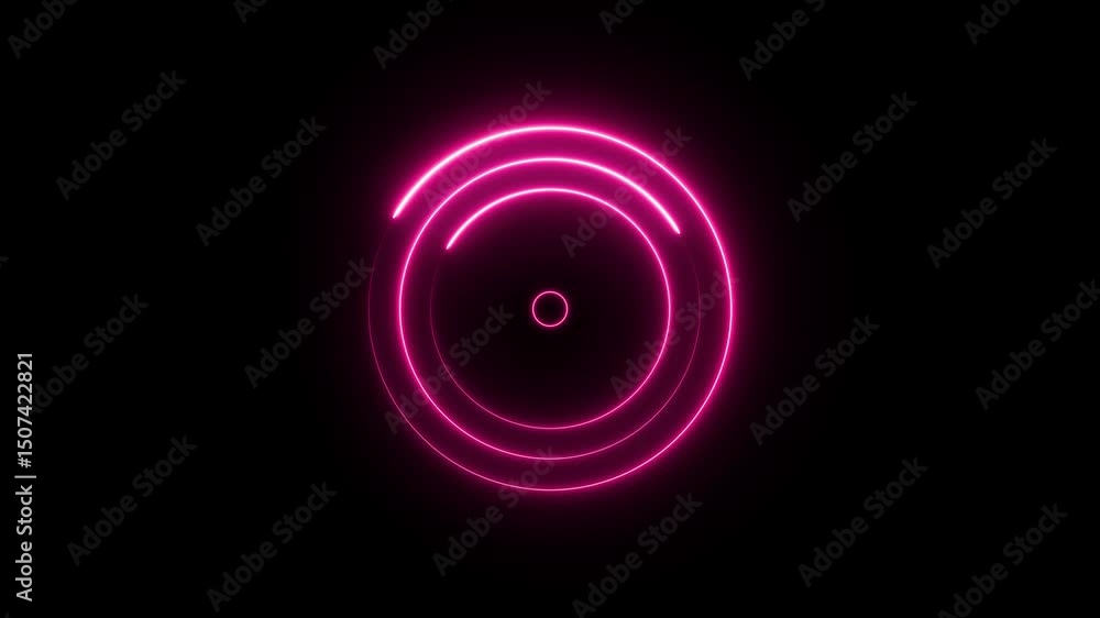 Poster glowing concentric circle design with partial arcs and a luminous center on a black background, evok