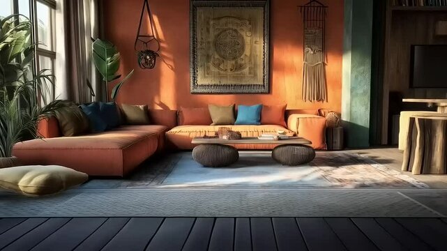 Cozy boho living room with terracotta walls and abundant natural light