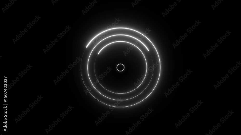 Poster glowing concentric circle design with partial arcs and a luminous center on a black background, evok