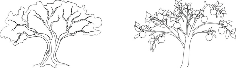 Black and white outline illustrations of two diverse trees against a clean white background