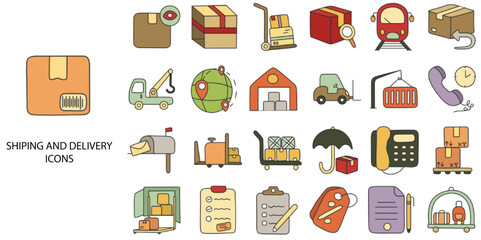 Shipping and Delivery simple concept 24 hand drawn color icons set .Vector illustration.