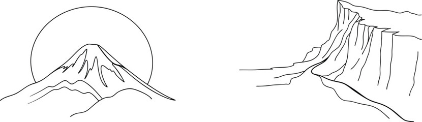 Minimalist line art illustration of majestic mountains featuring scenic landscapes and nature