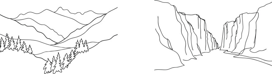 Fototapeta premium Simple hand drawn landscapes of mountains forests and a canyon gorge for creative projects