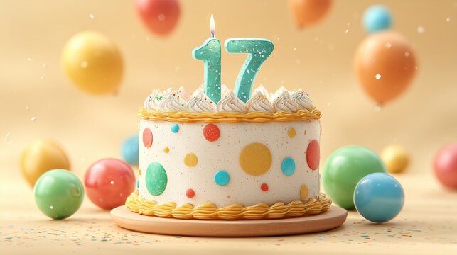 Whimsical dotted birthday cake with number 17 candle, playful pattern, bright colors