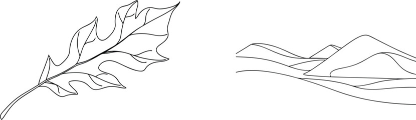 Simple black line drawing of an oak leaf and stylized rolling hills landscape