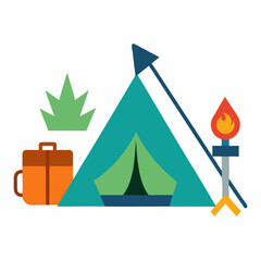 Camping travel tent equipment cartoon vector icon on white background.
