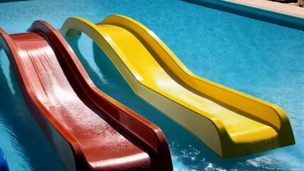 Three colorful water slides merging into a bright blue swimming pool, creating ripples and reflections on a sunny day for summer activities.