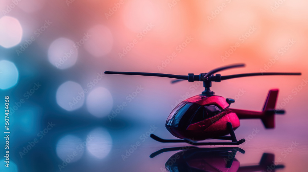 Poster a vibrant red toy helicopter sits on a reflective surface, creating a striking visual interplay with