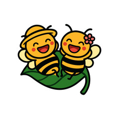 Two Happy Cartoon Bees Resting on a Leaf