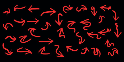Hand-drawn red arrows with dynamic curved and twisted directions on black background, abstract sketch navigation symbols for flowcharts, motion graphics, infographics, and visual storytelling elements