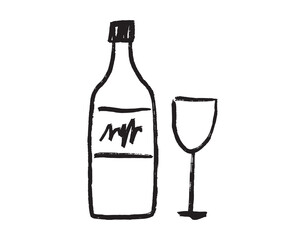 glass and bottle of wine grunge doodle hand drawn icon. Outline drawing a wedding, a romantic dinner, or a date line clipart symbol