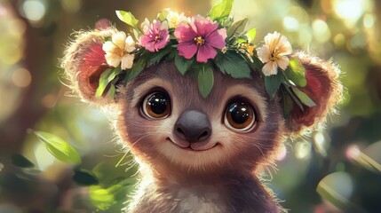 Cute animal with flower crown, generative ai