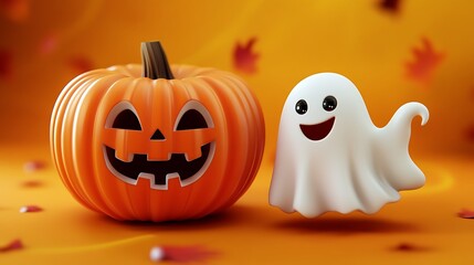 A jack-o'-lantern pumpkin and a friendly ghost against an orange background.
