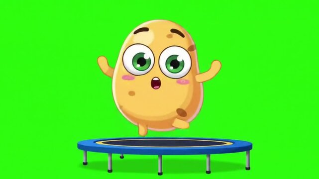 Cute Cartoon Potato Character Bouncing on a Trampoline