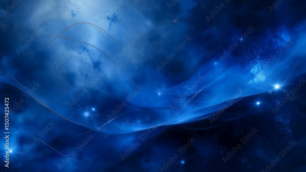 Poster abstract blue space with flowing lines and sparkling celestial lights