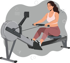 Woman using rowing machine exercising indoors for fitness and strength training vector illustration 