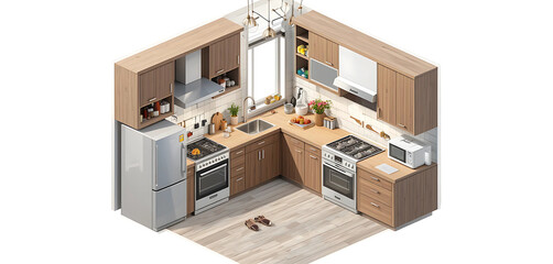 Isometric view of compact urban kitchen with space-saving cabinets, backsplash tiles, and built-in appliances, white transparent background.