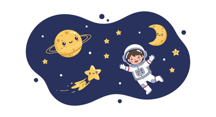 Fototapeta premium Cute astronaut boy floating in space with smiling planets stars and moon in dark blue background illustration 