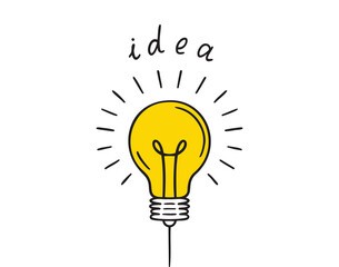 yellow light bulb doodle icon with concept of idea hand drawn icon. Outline drawing idea light bulb line clipart symbol