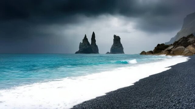Beach with dark clouds sea stacks in reynisfjara iceland beachscape