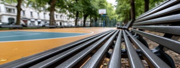 Empty wooden bench overlooks a vibrant basketball court in a city park surrounded by trees and buildings on a calm day