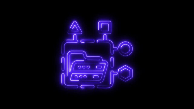Glowing neon icon animation of a database system with folder and data flow