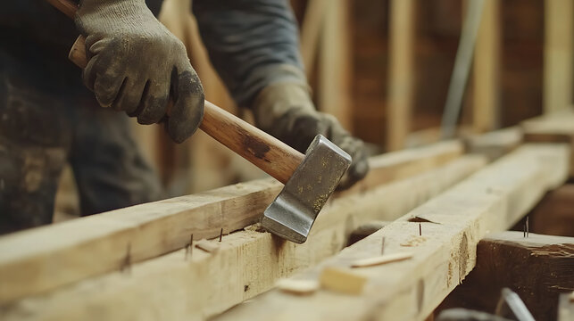 Carpenter Using an Axe to Shape Wood