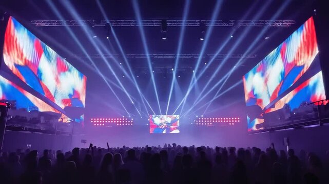 Concert Stage with Large LED Screens Displaying Abstract Graphics, Laser Lights, and a Silhouetted Audience - Powered by Adobe