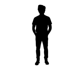 Man standing silhouette. Man with hands in pocket standing silhouette illustration on transparent background. 
