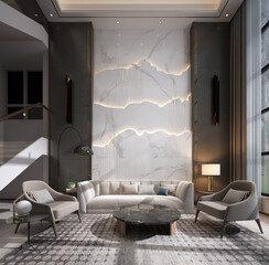 Home and living room and luxiry hall and cozy sofa set mockup decoration and white marble pattern wall texture background interior design. 3d rendeing